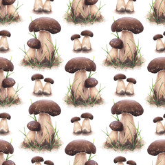 Watercolor porcini mushrooms. Seamless pattern