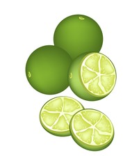 Fresh Limes and Half on White Background