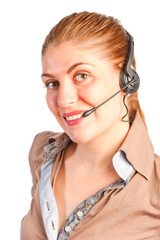 happy young woman with headset on white background