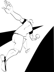 Black and white illustration of a man bowling