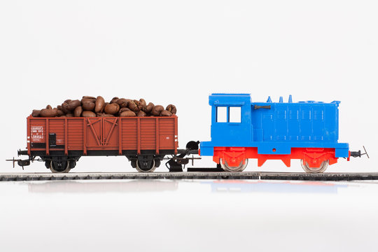 toy train with coffee beans