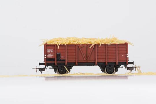 toy rail car with pasta