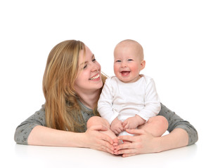 mother hugging in her arms child baby kid girl smilling