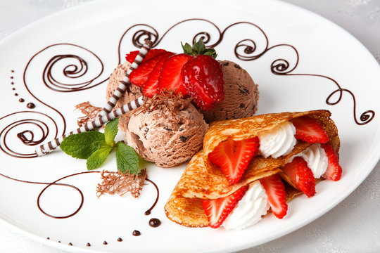 Strawberry And Cream Pancake With Ice Cream