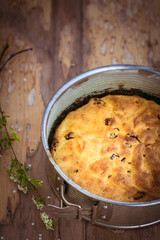 Delicious pie on wooden table. Selective focus