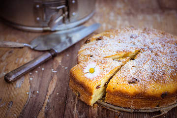 Delicious pie on wooden table. Selective focus