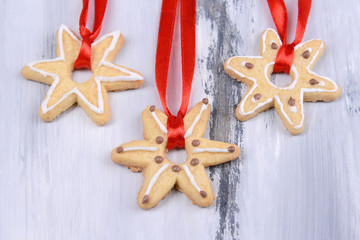 Delicious Christmas cookies on wooden background
