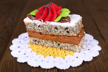 Tasty cake on table close-up