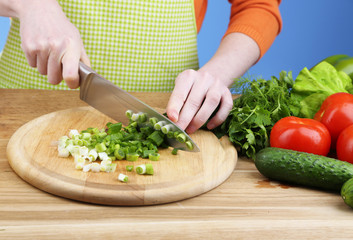 Female hands chopping onion