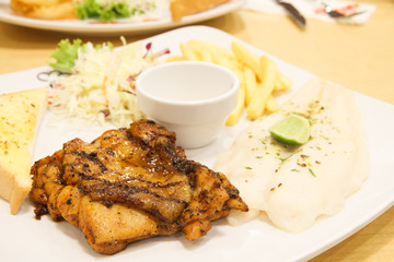 Steak fish and chicken