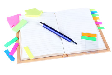Notebook, pen, and stickers isolated on white