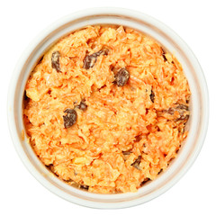 High Angle View Isolated Raisin Carrot Salad Over White