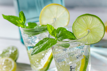 Closeup of drink with citrus fruit and ice