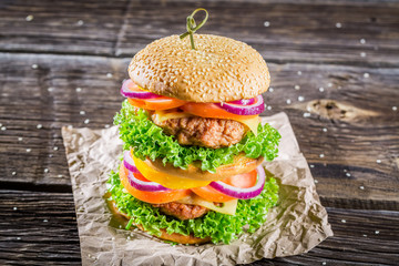 Closeup of homemade double-decker burger