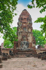 Buddha Statue with leaves foreground -  Ayutthaya, Thailand