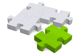 3d puzzle with green missing piece on white, perspective