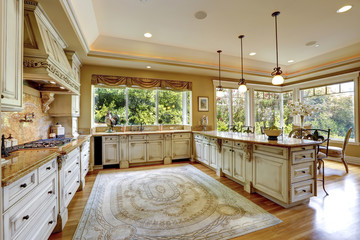 Luxury house interior. Antique kitchen cabinets