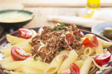 penne pasta bolognese, close up