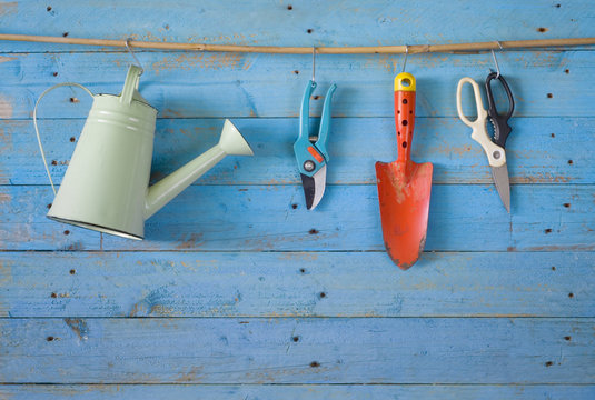 garden tools, watering can, scissor,shovel, free copy space