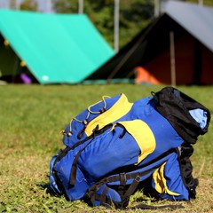 single backpack in the campsite