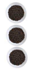 black pepper in three white cup on white background