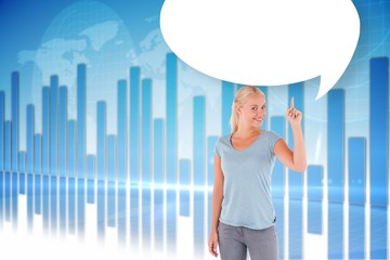 Composite image of charming woman pointing with speech bubble