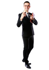 businessman holding cup of coffee and tablet computer 