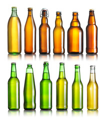 Set of full beer bottles with no labels isolated on white