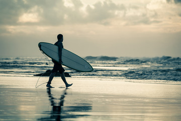surfer silhouette during sunset - obrazy, fototapety, plakaty