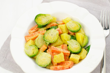 Warm vegetable salad with brussel sprouts