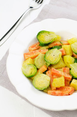 Warm vegetable salad with brussel sprouts