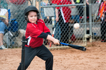 Young baseball player hitting ball off a tee during game © Robert Hainer