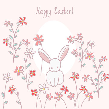 cute easter card with rabbit and flowers