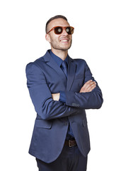 thinking elegant businessman with sunglasses