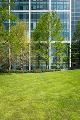 Green park in front of modern office exterior