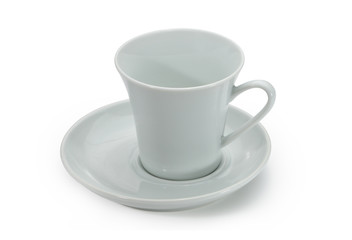 White ceramic coffee cup and white ceramic saucer.