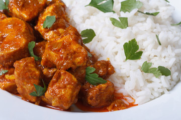 Rice and chunks of chicken curry on a plate