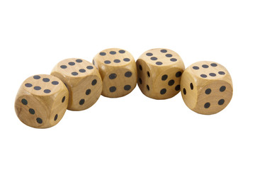 Row of Five Wooden Dice Showing Sixes