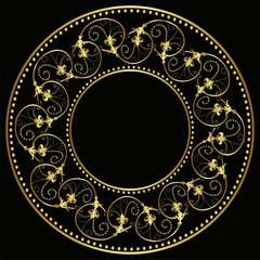 Golden plate with vintage ornament on black background