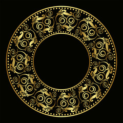 Golden plate with vintage ornament on black background - 63899448