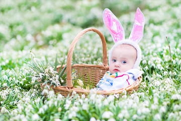 Cute little baby wearing bunny ears sitting in a basket