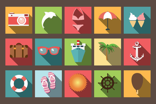 Summer vacation flat icons with long shadow, design elements