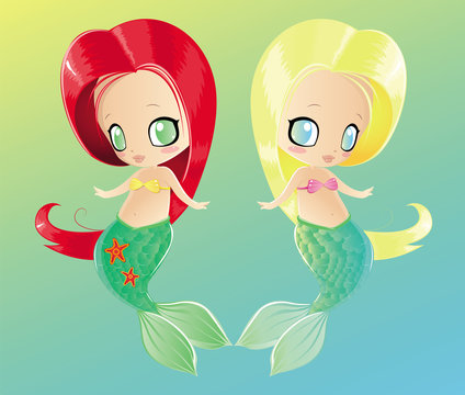 Little Mermaid, blond and red, floating on the sea bottom.