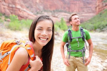 Hiking woman - hiker portrait walking in Zion Park