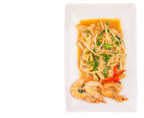 A plate of char kway teow with prawns and gravy