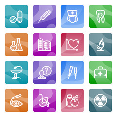 Medicine contour icons on color buttons.