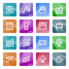 Home appliances contour icons on color buttons.