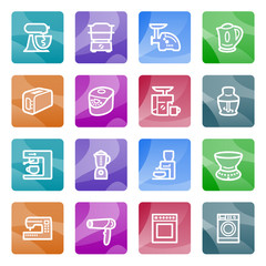 Home appliances contour icons on color buttons.