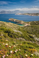 Beach, Calvi, sea and mountains from La Revellata in Corsica