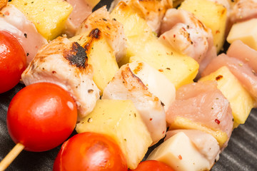 Exotic Skewers With Chicken, Tomatoes, Pineapple And Mozzarella